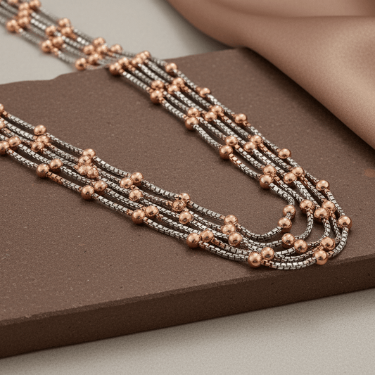925 Silver Multi - Strand Necklace with Rose Gold Bead Accents - Zirak Silver