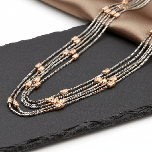 925 Silver Multi - Strand Necklace with Rose Gold Beads - Zirak Silver