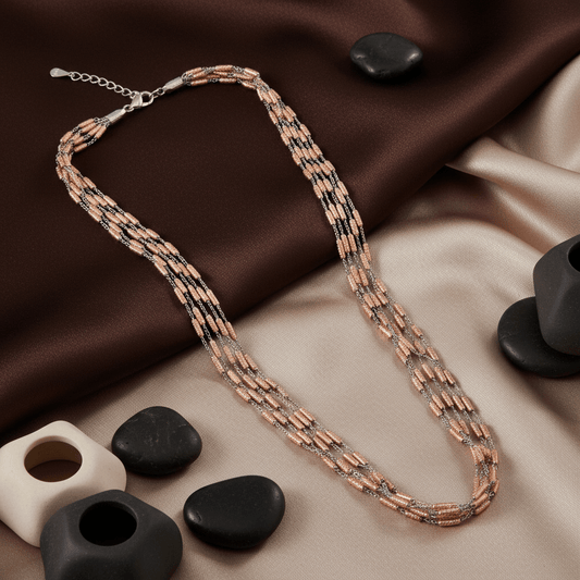 925 Silver Multi Strand Necklace with Textured Rose Gold Beads - Zirak Silver