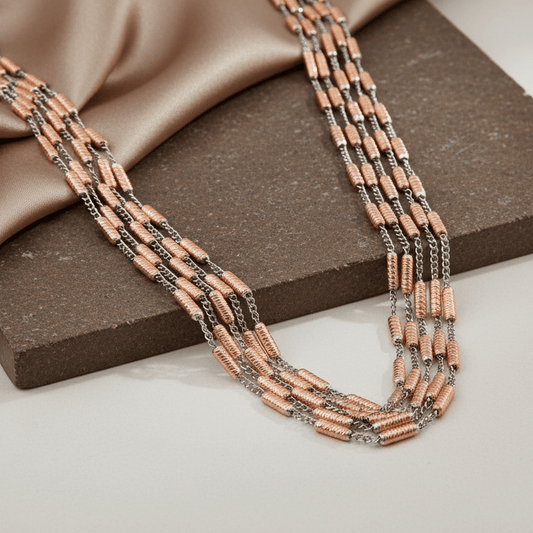 925 Silver Multi Strand Necklace with Textured Rose Gold Beads - Zirak Silver
