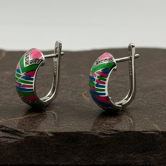 925 Silver Multicolor Enamel Huggie Earrings - Zirak Silver