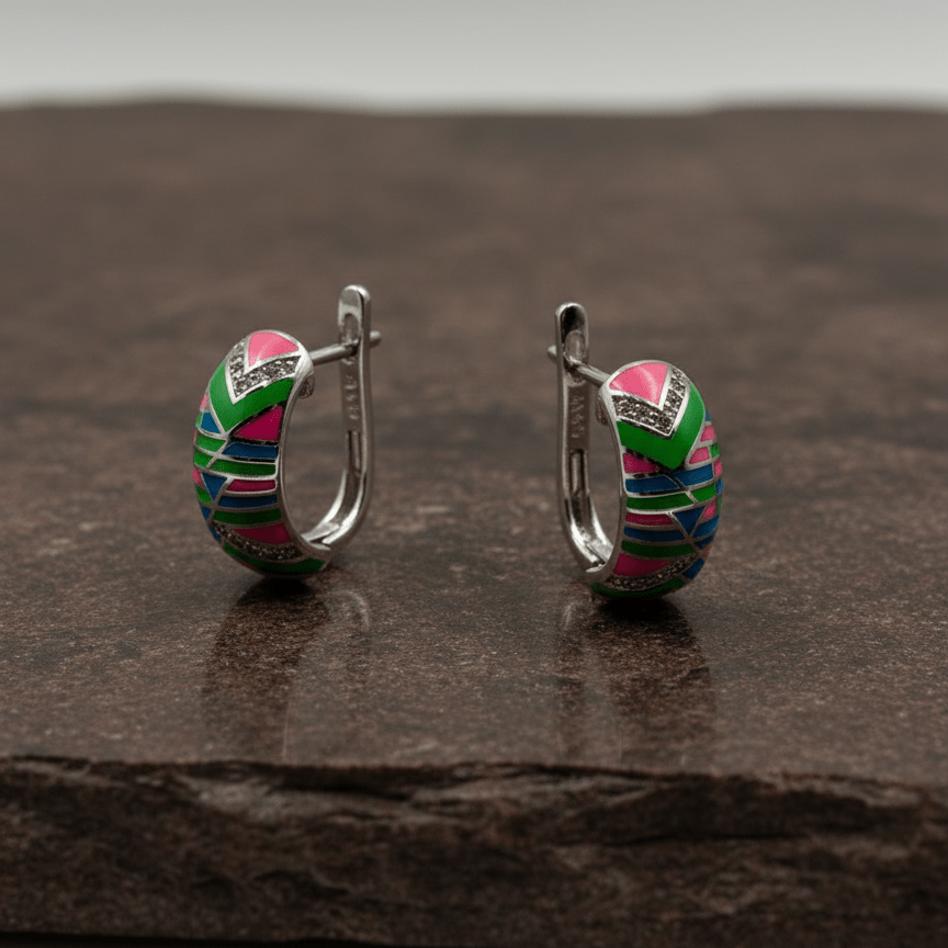 925 Silver Multicolor Enamel Huggie Earrings - Zirak Silver