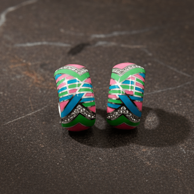 925 Silver Multicolor Enamel Huggie Earrings - Zirak Silver