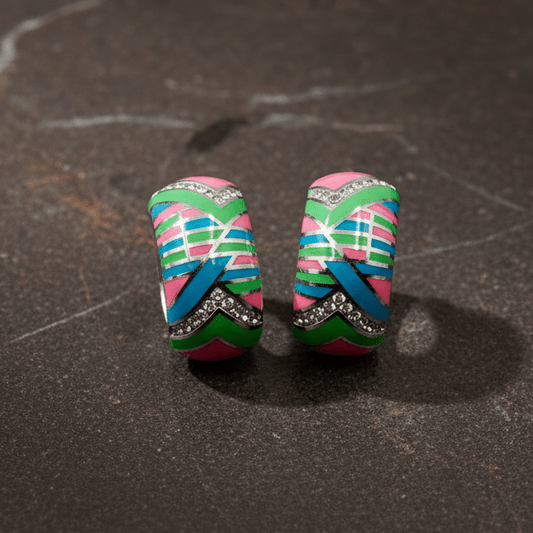 925 Silver Multicolor Enamel Huggie Earrings - Zirak Silver
