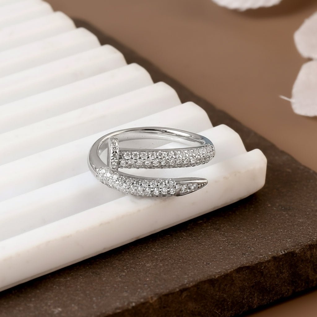 925 Silver Nail Wrap Ring | Pave CZ Adjustable Sterling Silver Statement Band - Zirak Silver