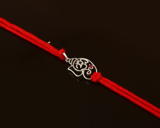925 Silver Om Ganesha Rakhi | Minimal Ganpati Rakhi with Red Thread - Zirak Silver