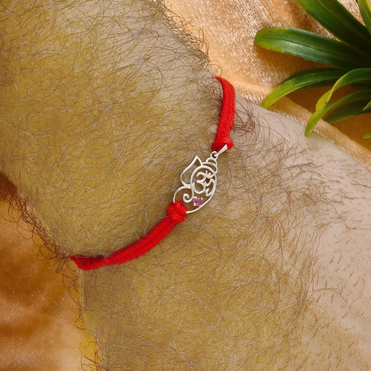 925 Silver Om Ganesha Rakhi | Minimal Ganpati Rakhi with Red Thread - Zirak Silver