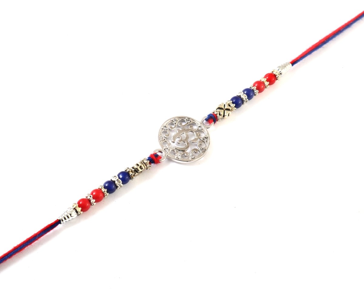 925 Silver Om Rakhi | Traditional Red-Blue Beaded Thread with Intricate Om Symbol for Men - Zirak Silver