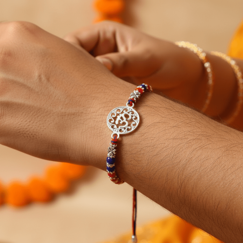 925 Silver Om Rakhi | Traditional Red-Blue Beaded Thread with Intricate Om Symbol for Men - Zirak Silver