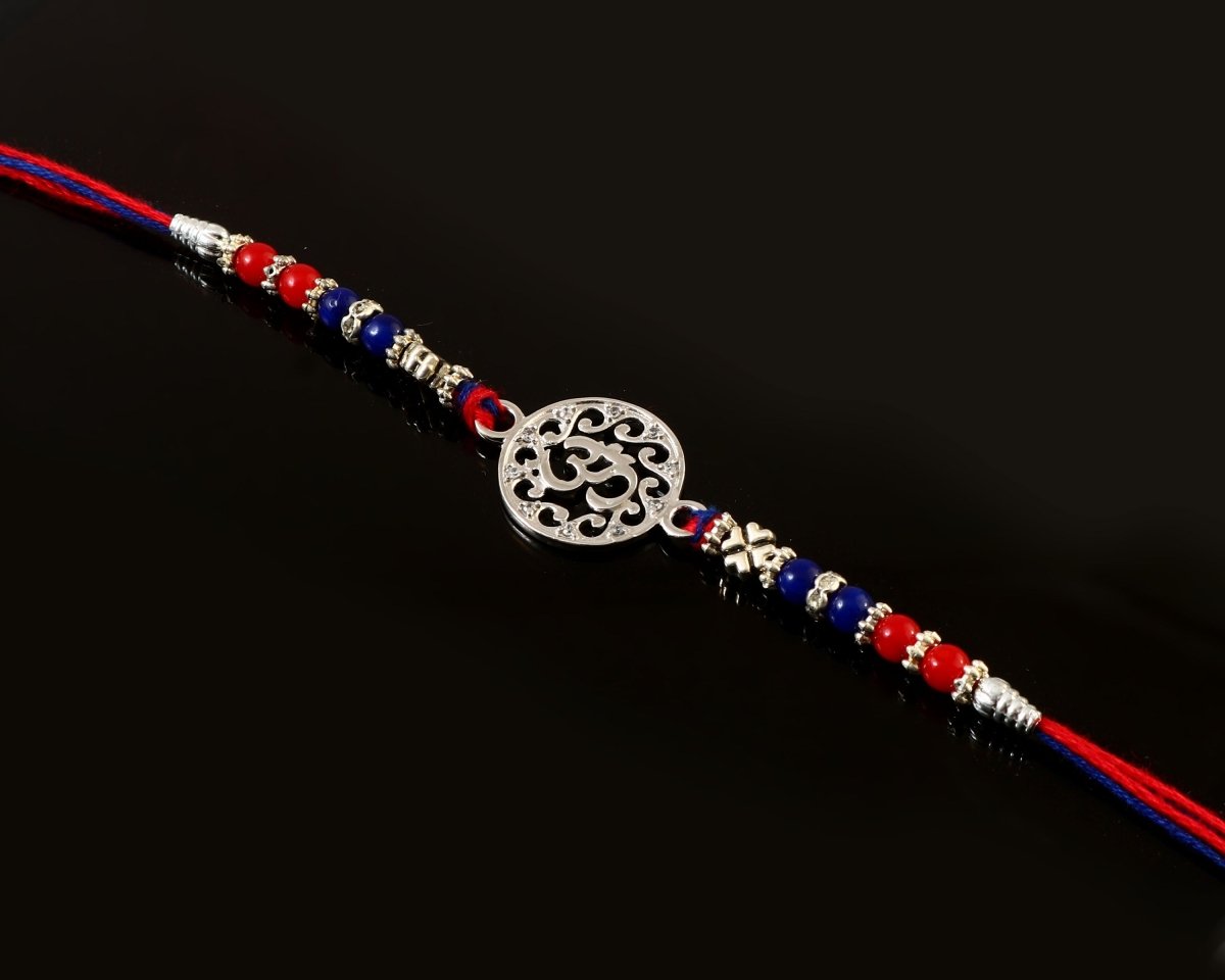 925 Silver Om Rakhi | Traditional Red-Blue Beaded Thread with Intricate Om Symbol for Men - Zirak Silver