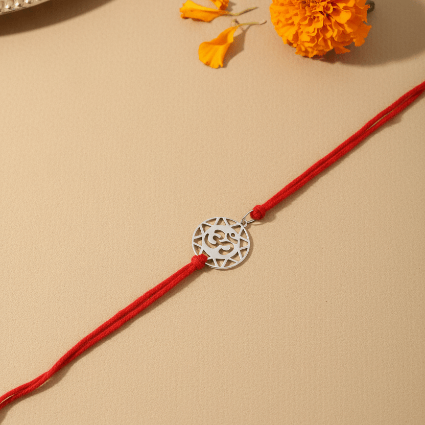925 Silver Om Rakhi with Geometric Frame & Red Thread - Zirak Silver