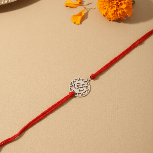 925 Silver Om Rakhi with Geometric Frame & Red Thread - Zirak Silver