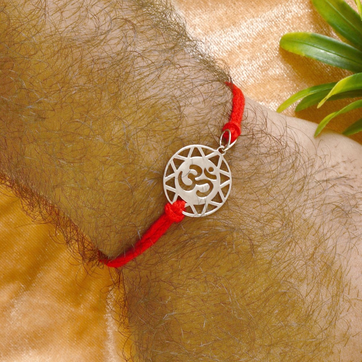 925 Silver Om Rakhi with Geometric Frame & Red Thread - Zirak Silver
