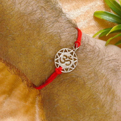 925 Silver Om Rakhi with Geometric Frame & Red Thread - Zirak Silver