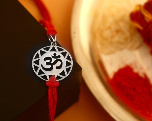 925 Silver Om Rakhi with Geometric Frame & Red Thread - Zirak Silver