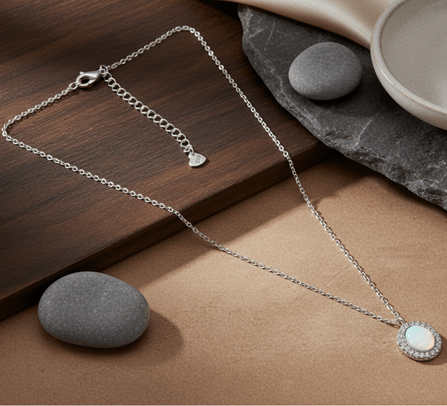925 Silver Opal Halo Pendant Necklace with CZ Accents - Zirak Silver