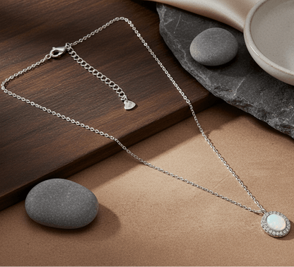 925 Silver Opal Halo Pendant Necklace with CZ Accents - Zirak Silver