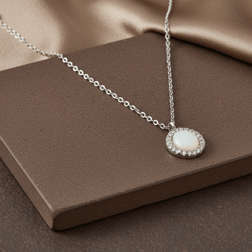 925 Silver Opal Halo Pendant Necklace with CZ Accents - Zirak Silver