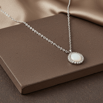 925 Silver Opal Halo Pendant Necklace with CZ Accents - Zirak Silver