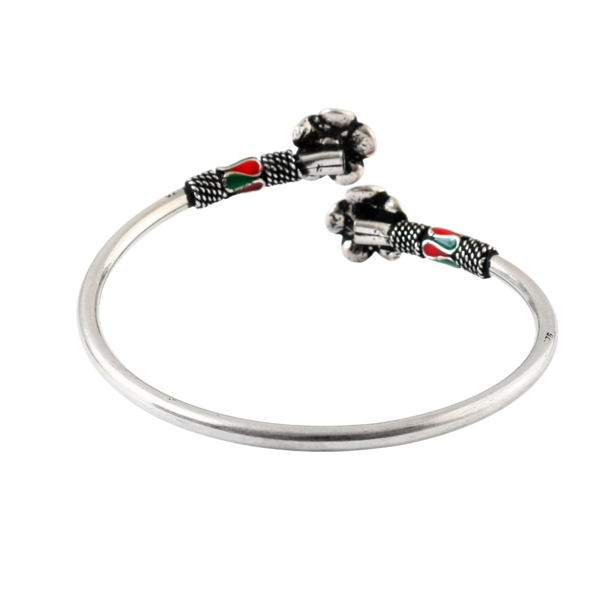 925 Silver Orange Enamel Flower Open Cuff Bangle – Handcrafted Adjustable Silver Bracelet - Zirak Silver