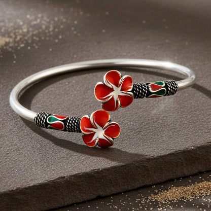 925 Silver Orange Enamel Flower Open Cuff Bangle – Handcrafted Adjustable Silver Bracelet - Zirak Silver