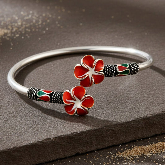 925 Silver Orange Enamel Flower Open Cuff Bangle – Handcrafted Adjustable Silver Bracelet - Zirak Silver