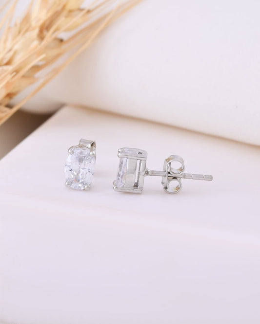 925 Silver Oval Solitaire Stud Earrings | Minimal CZ Crystal Studs for Women & Girls - Zirak Silver
