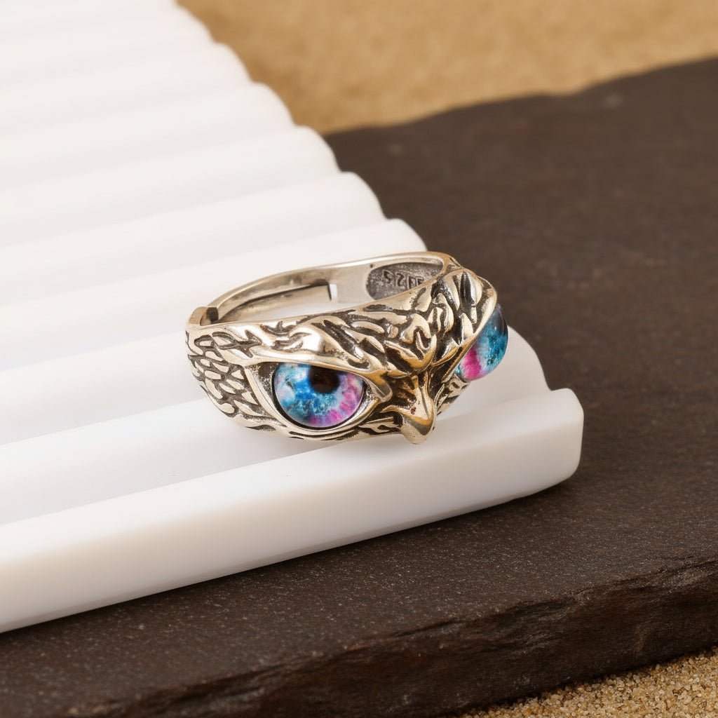 925 Silver Owl Eye Ring | Mystical Bird Design Adjustable Sterling Silver Ring for Men & Women - Zirak Silver