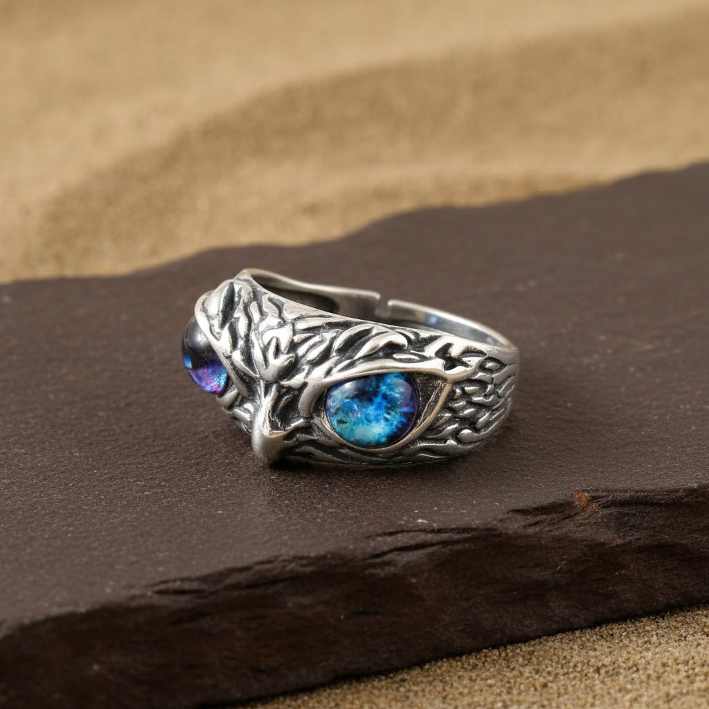 925 Silver Owl Eye Ring | Mystical Bird Design Adjustable Sterling Silver Ring for Men & Women - Zirak Silver