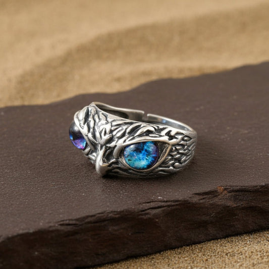 925 Silver Owl Eye Ring | Mystical Bird Design Adjustable Sterling Silver Ring for Men & Women - Zirak Silver