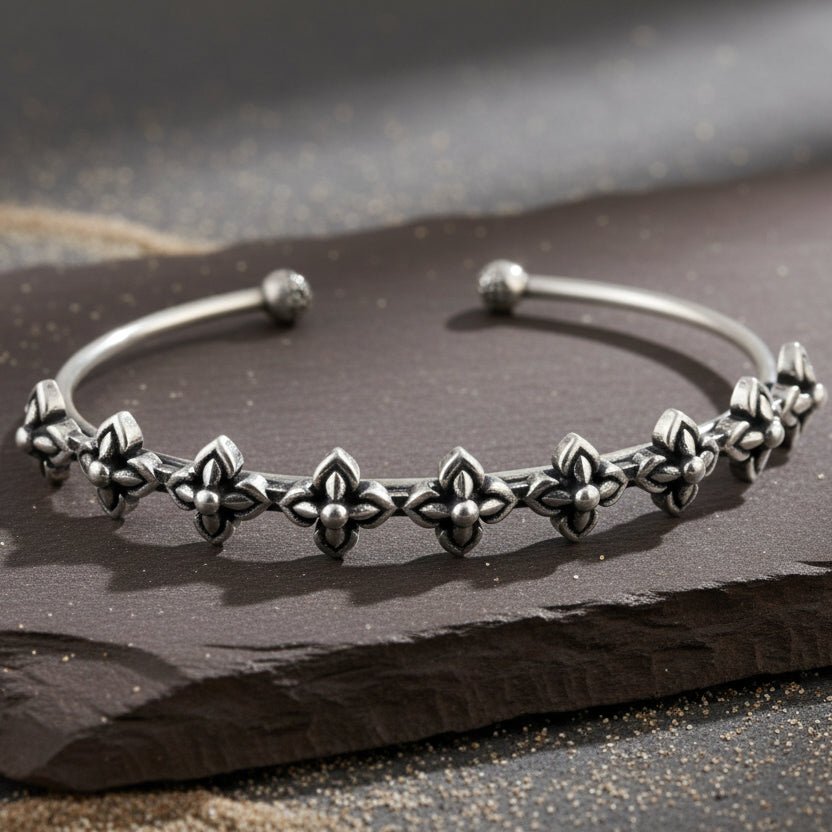 925 Silver Oxidised Floral Cuff Bracelet for Women - Zirak Silver