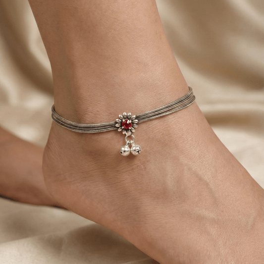 925 Silver Oxidized Flower Anklet with Red Stone & Ghungroo Charms – Traditional Ethnic Jewelry - Zirak Silver
