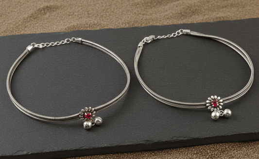 925 Silver Oxidized Flower Anklet with Red Stone & Ghungroo Charms – Traditional Ethnic Jewelry - Zirak Silver