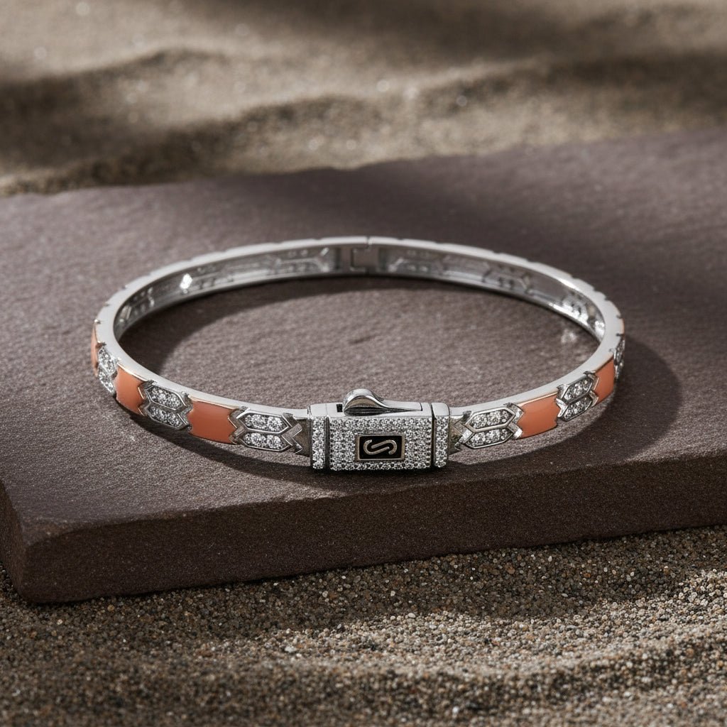 925 Silver Peach Enamel & CZ Hexa - Link Bangle Bracelet - Zirak Silver