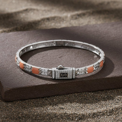 925 Silver Peach Enamel & CZ Hexa - Link Bangle Bracelet - Zirak Silver