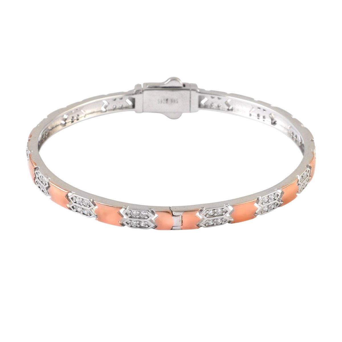 925 Silver Peach Enamel & CZ Hexa - Link Bangle Bracelet - Zirak Silver