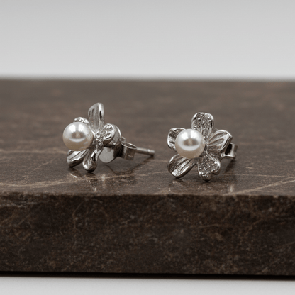 925 Silver Pearl Flower Stud Earrings - Zirak Silver