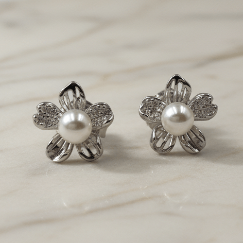925 Silver Pearl Flower Stud Earrings - Zirak Silver