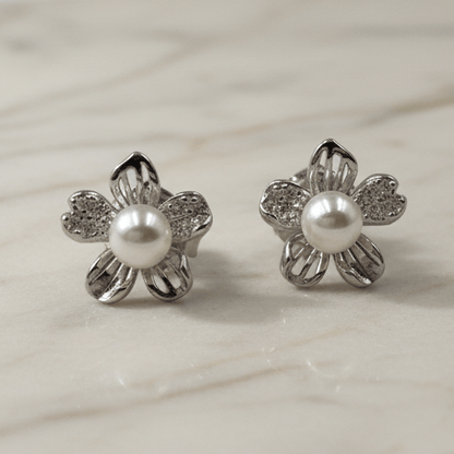 925 Silver Pearl Flower Stud Earrings - Zirak Silver
