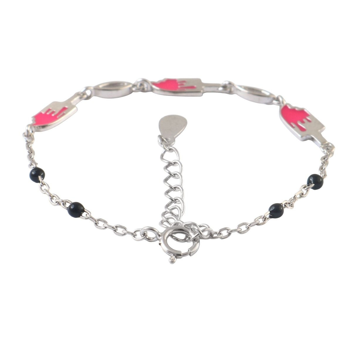 925 Silver Pink Enamel Hand Motif Bracelet with Black Bead Accents - Zirak Silver