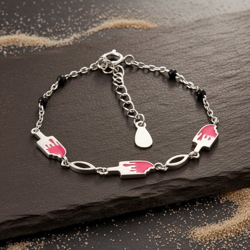 925 Silver Pink Enamel Hand Motif Bracelet with Black Bead Accents - Zirak Silver