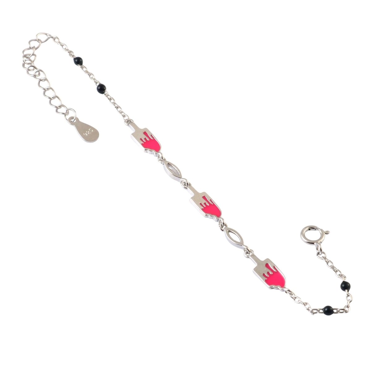 925 Silver Pink Enamel Hand Motif Bracelet with Black Bead Accents - Zirak Silver
