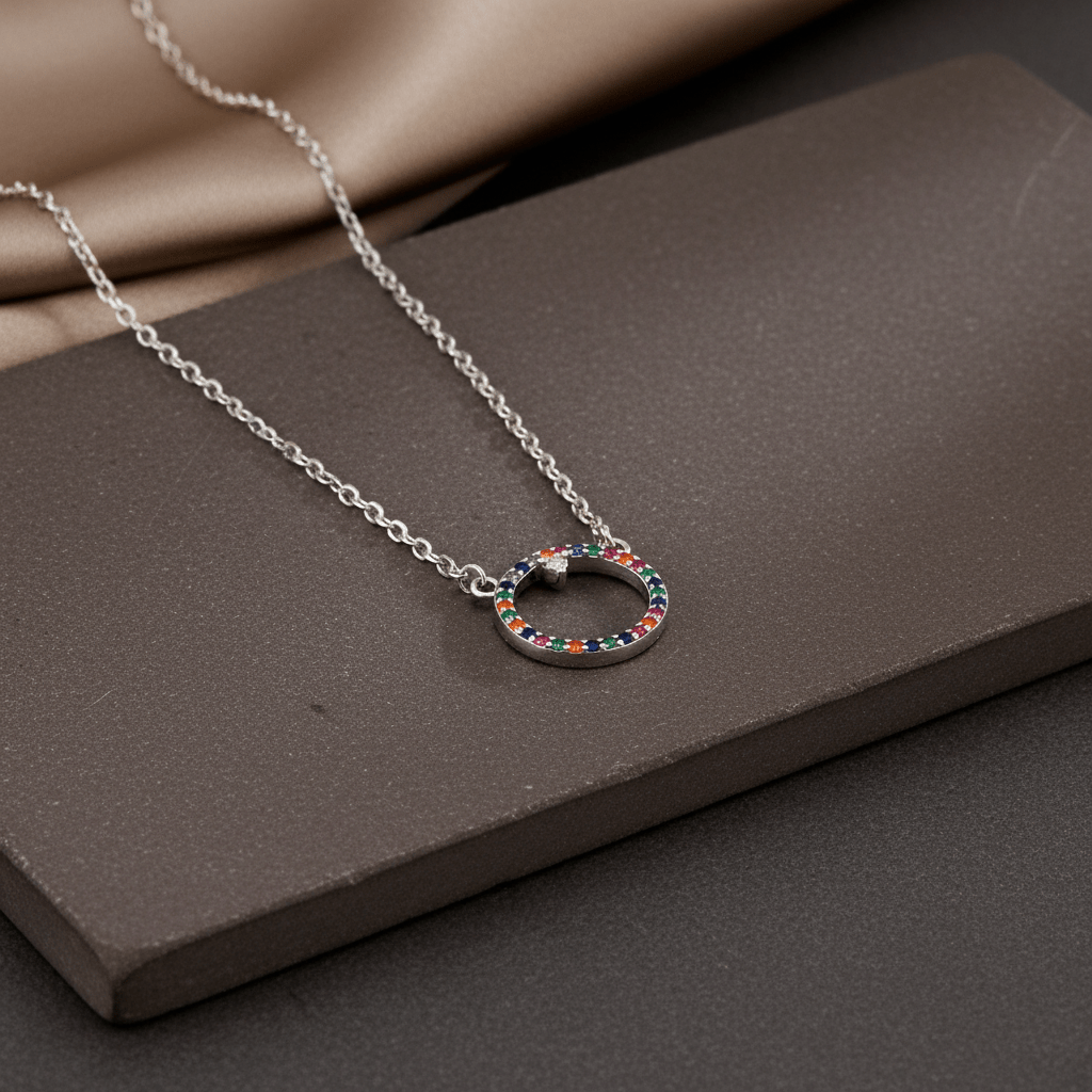 925 Silver Rainbow Circle Pendant Necklace with Multicolor Stones - Zirak Silver