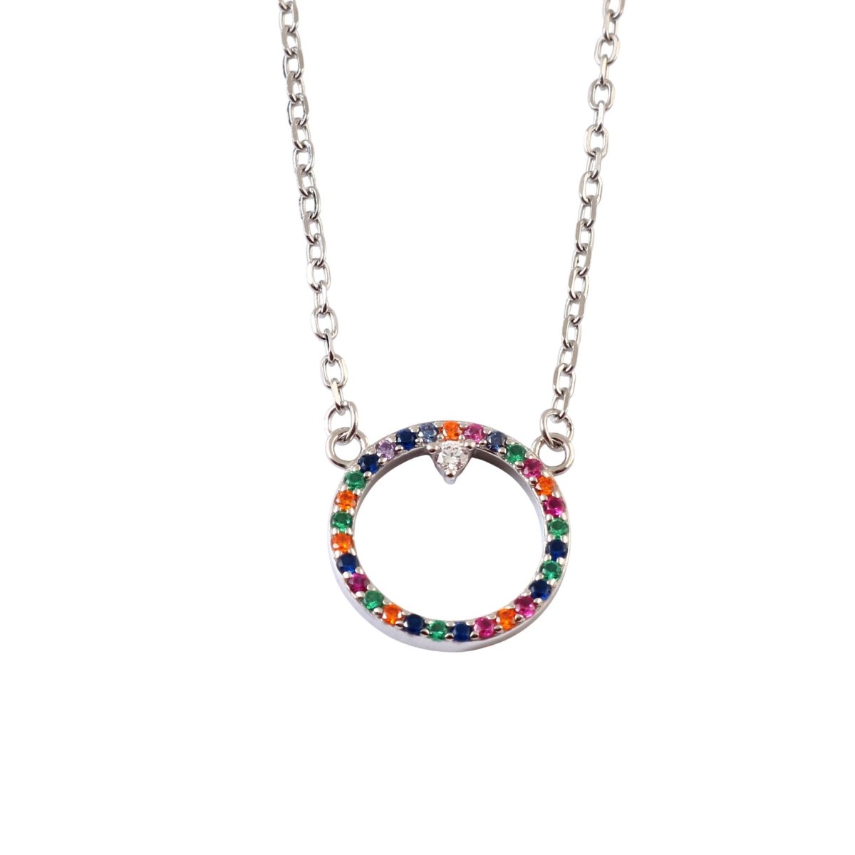 925 Silver Rainbow Circle Pendant Necklace with Multicolor Stones - Zirak Silver