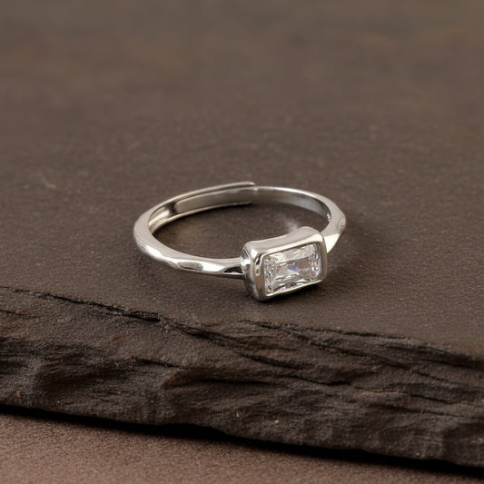 925 Silver Rectangular Solitaire Ring | Minimalist Baguette CZ Ring | Modern Silver Jewelry for Women - Zirak Silver