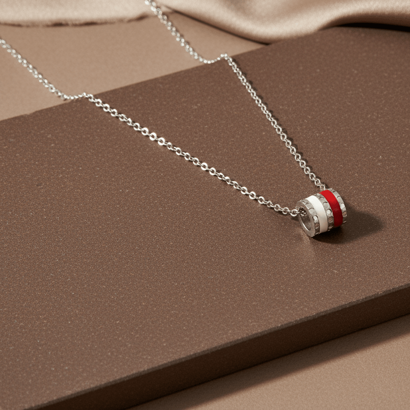 925 Silver Red & White Enamel Barrel Necklace - Zirak Silver