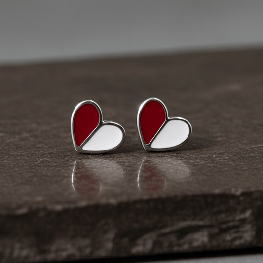 925 Silver Red & White Enamel Heart Stud Earrings - Zirak Silver