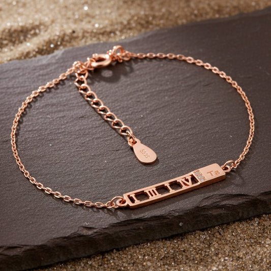 925 Silver Roman Numeral Bar Bracelet in Rose Gold Finish - Zirak Silver