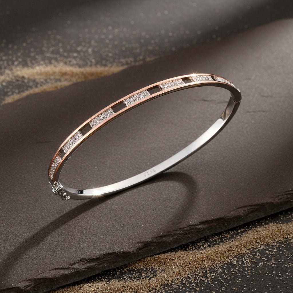925 Silver Rose Gold Accent CZ Bangle Bracelet for Women - Zirak Silver