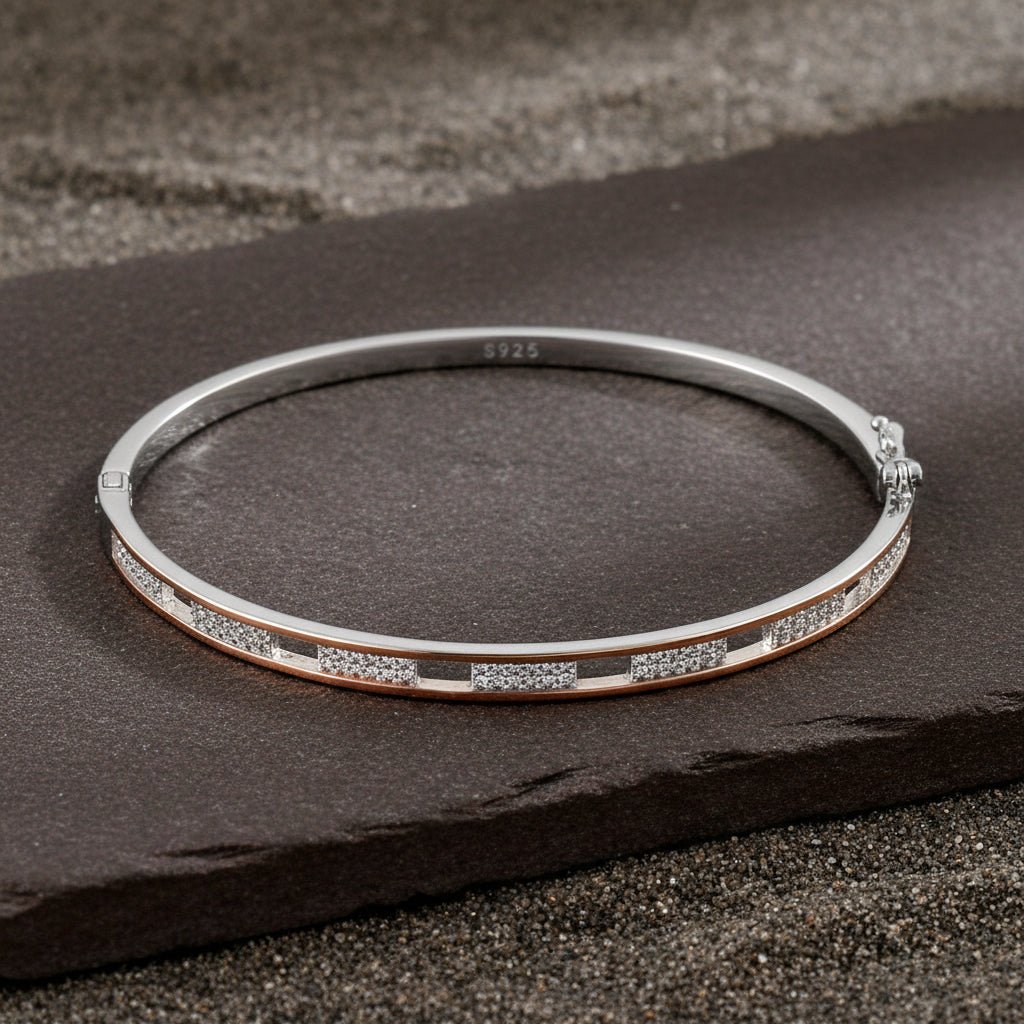 925 Silver Rose Gold Accent CZ Bangle Bracelet for Women - Zirak Silver